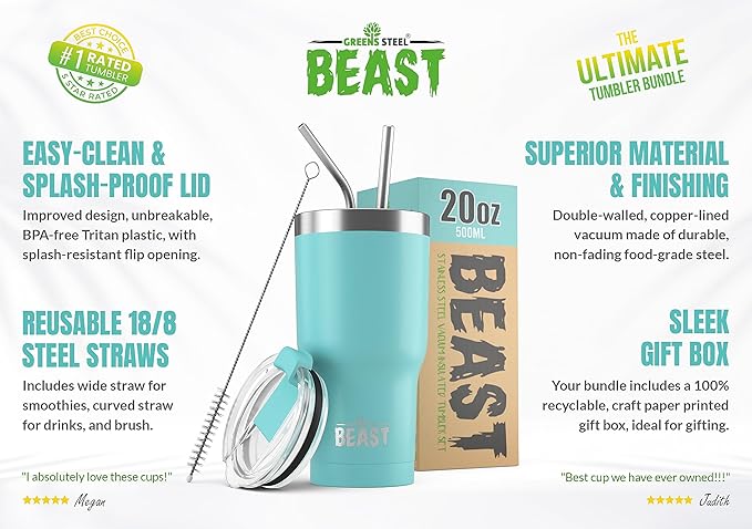 Beast 20 oz Tumbler Stainless Steel Vacuum Insulated Coffee Ice Cup Double Wall Travel Flask (Aquamarine Blue) - Bloomnest