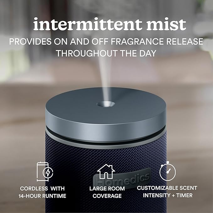 Homedics SereneScent Fabric Rechargeable Waterless Diffuser, Use with Homedics SereneScent Oil 120ml (Sold Separately) Cordless Aromatherapy, Adjustable Mist & Timer, 6 Calming Lights, Future Dusk - Bloomnest