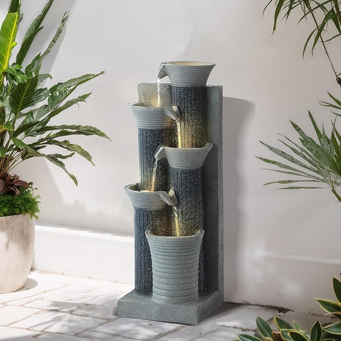 MAGIC UNION Outdoor Water Fountain, 5 Tiers Cascading Waterfall Indoor Water Feature Garden Decor with LED Lights, Patio Resin Fountains for Yard, Deck, Porch and Home, Bamboo Element (Gray) - Bloomnest