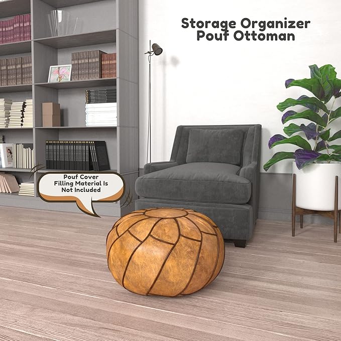 Moderner Faux Leather Pouf Unstuffed Ottoman Moroccan Footstool, Floor Footrest Cushion, Storage Solution - Natural Brown Color (Camel, Round) - Bloomnest