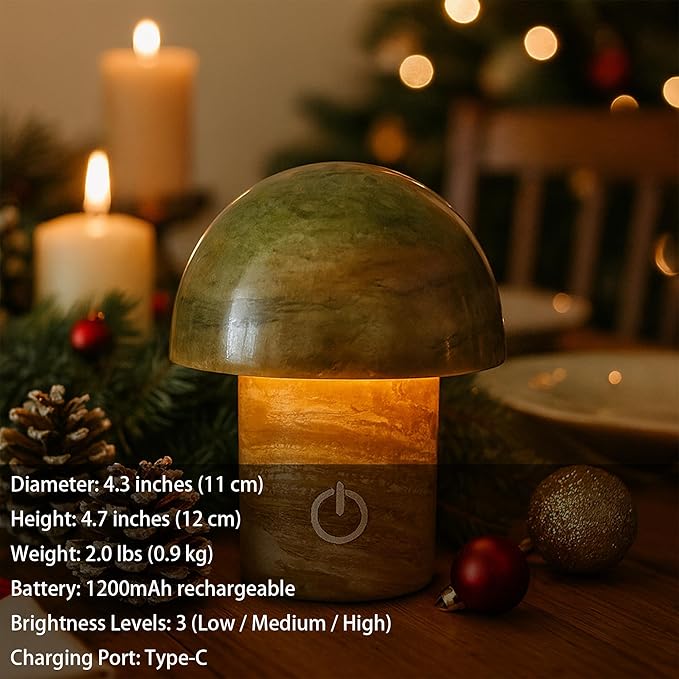 Natural Stone Mushroom Lamp - Jade Gemstone Night Light with LED, Touch Control 3 Brightness, USB Rechargeable Bedside Table Decor Gift - Bloomnest