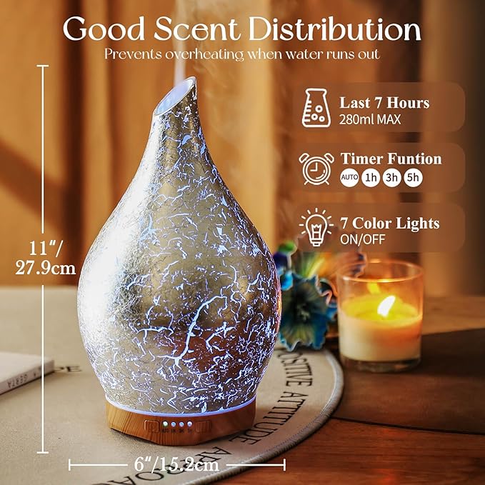 Porseme 280ml Essential Oil Diffuser, 3D Glass Aromatherapy Diffusor, Ultrasonic Cool Mist BPA Free Aroma Humidifier with Timer and Color Changing Function, Waterless Shut-Off for Home Office Room - Bloomnest