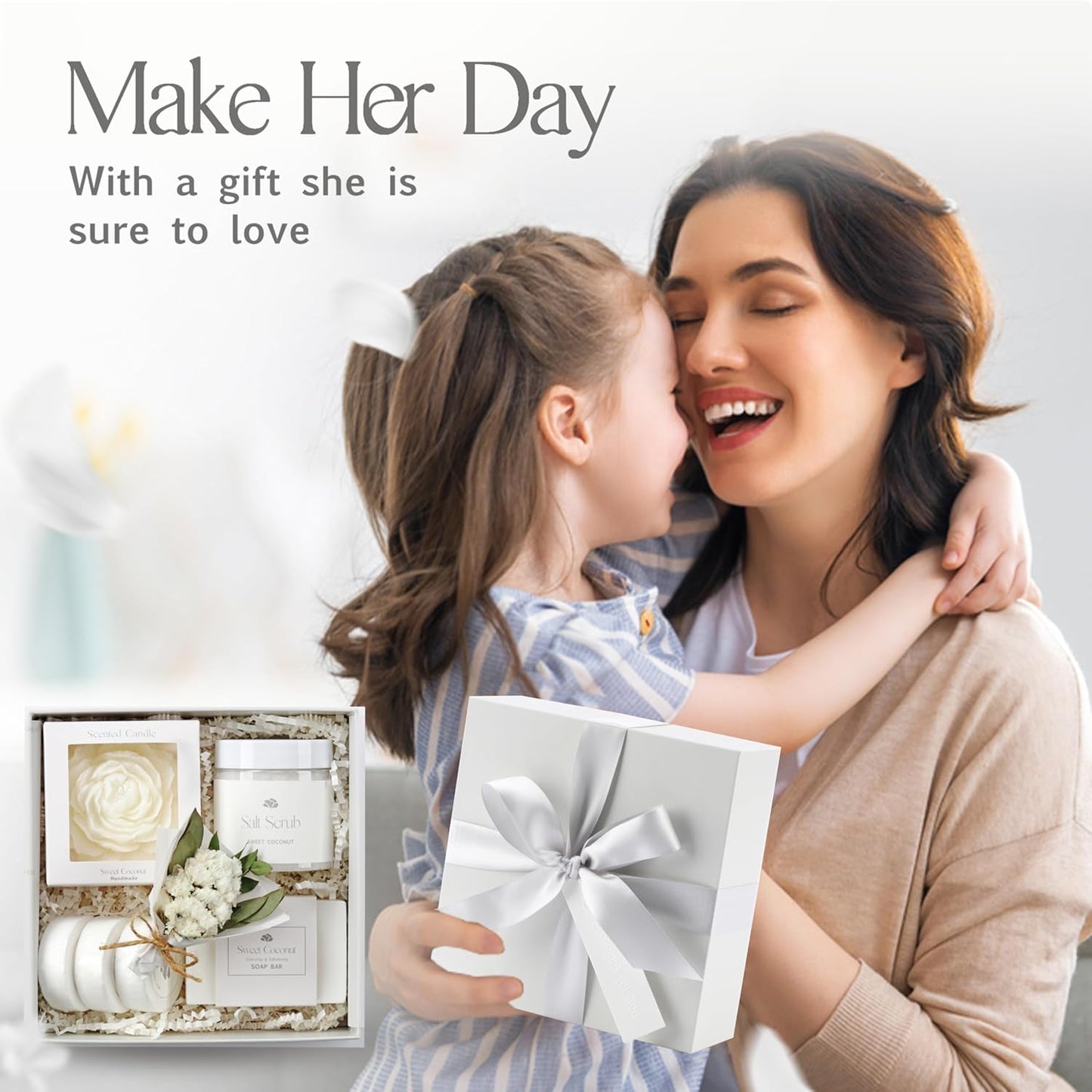 Sweet Coconut Small Spa Gift Set for Women – Relaxation Gift Basket with Candle, Soap, Salt Scrub & Shower Steamers – Unique Birthday, Bridal Shower, Christmads, Thank You & Self Care Gifts