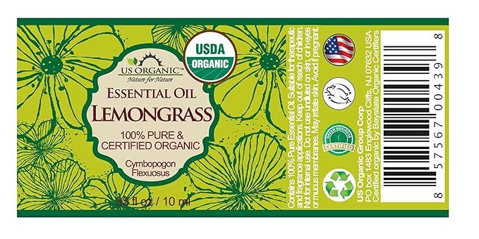 US Organic 100% Pure Lemongrass Essential Oil, USDA Certified Organic, Extracted by Steam Distillation Method, for Hair, Nail Polish Remover, Bees Attraction, and More. 10 ml - Bloomnest