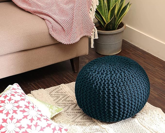 REDEARTH · Round Pouf Bean Bag Ottoman - Foot Stool Hand Knitted - Home Decor Pouffe Stuffed - Cable Boho Poof Beanbag Footrest for Living Room - Nursery - Bedroom - Patio (19.5"x19.5"x14") - Teal - Bloomnest