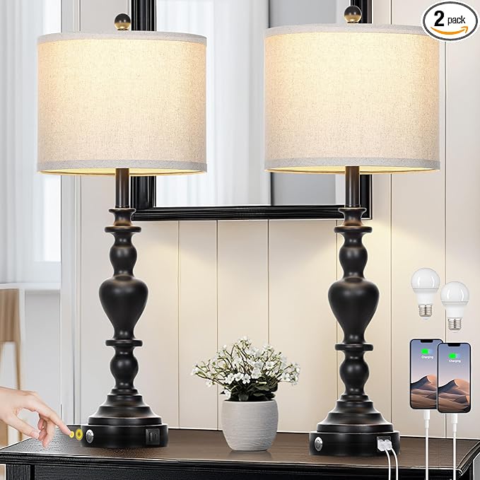 27" Farmhouse Vintage Lamps Set of 2 with USB C+A Charging Ports, Black Rustic Touch Control Table Lamp for Living Room, 3-Way Dimmable Traditional Nightstand Bedside Lamp Linen Washed for Bedroom - Bloomnest