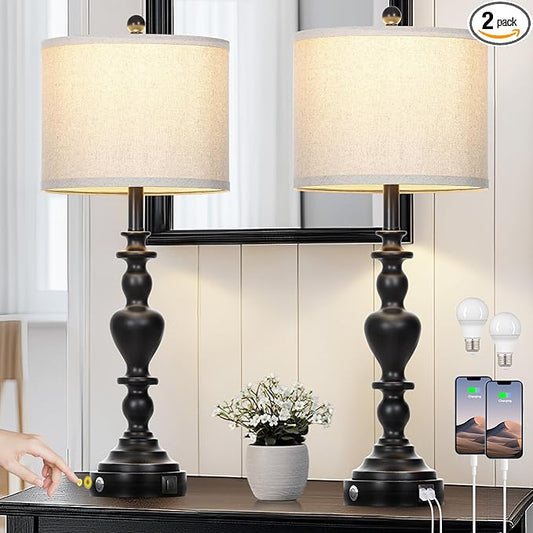 27" Farmhouse Vintage Lamps Set of 2 with USB C+A Charging Ports, Black Rustic Touch Control Table Lamp for Living Room, 3-Way Dimmable Traditional Nightstand Bedside Lamp Linen Washed for Bedroom - Bloomnest
