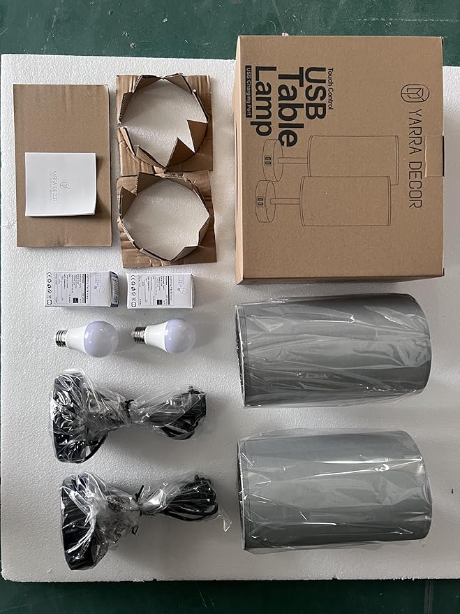 Yarra-Decor Bedside Lamps with USB Port - Touch Control Table Lamp for Bedroom 3 Way Dimmable Nightstand Lamp Set of 2 with Round Grey Fabric Shade for Living Room, Dorm, Home Office (Grey, 2 Pack) - Bloomnest