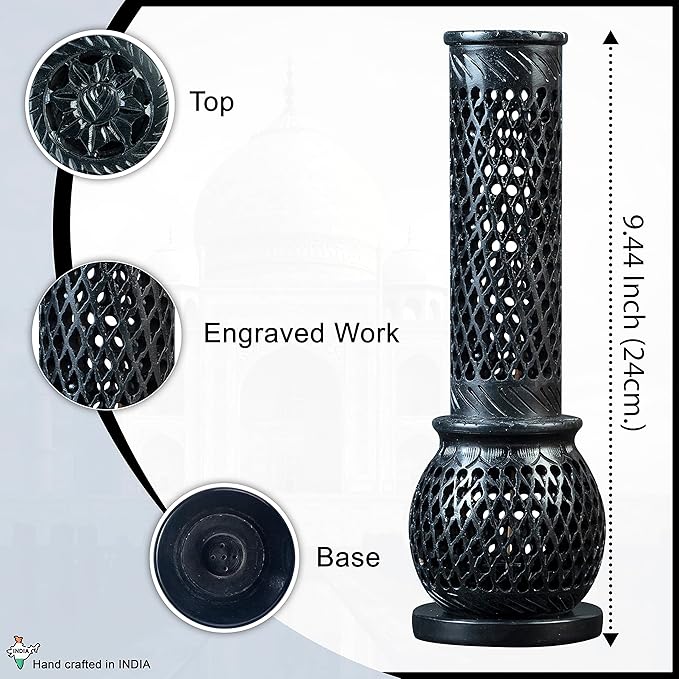 Crocon Handmade Black Marble Soapstone Incense Stick Burner Round Shape Jali and Handi Design Tower Burner | Candle Stick Holder | Decorative Home & Kitchen Best Gift Size - (2.7X2.7X9.4 Inch)
