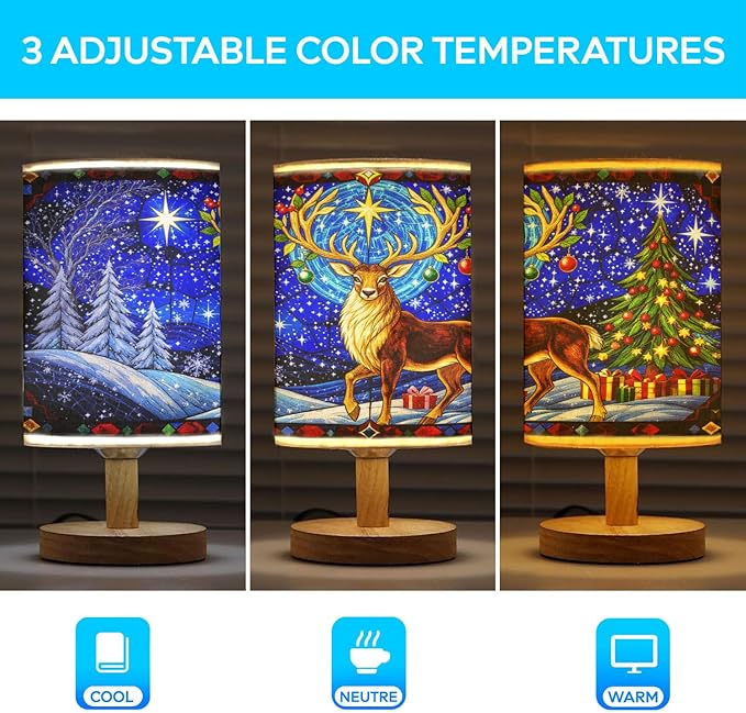 Reindeer Table Lamp LED 3-Color Pressed Bedside for Merry Christmas, Reindeer Shade Christmas Table Lamp with Wood Base for Bedroom Living Room Desk Office - Bloomnest