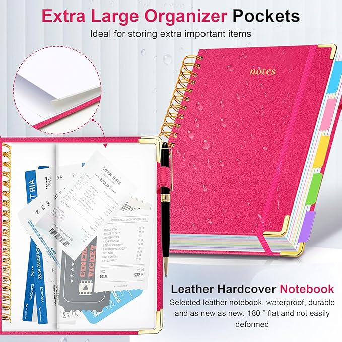 Hardcover Spiral Notebook 8.5"x11" Journal Notebook with Tabs and Removable Dividers 300 Pages 5 Subject Notebook College Ruled, Faux Leather Spiral Bound Notebook for Women School Work (Rose Red) - Bloomnest