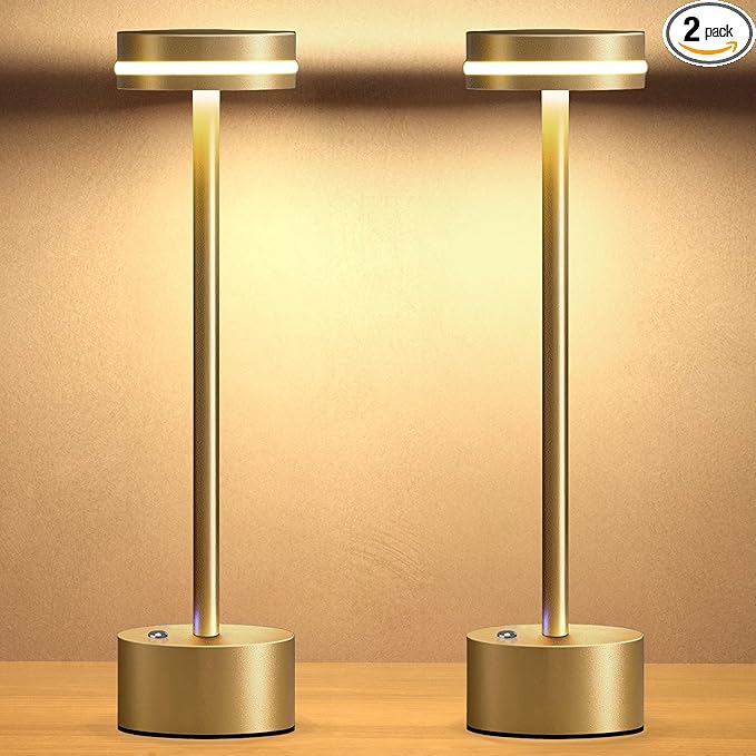 Cordless Table Lamp, Portable Rechargeable Bedside Lamp, Touch Stepless Dimmable Desk Lamp, for Home Bedroom Hotel Restaurant Bar Outdoor, 2 Pack, Gold - Bloomnest
