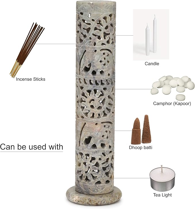 Carry Me Marble Soapstone Incense Stick Holder | Candle Burner | Tea Light Holder - Perfect Handmade Elephant Carving for Gifting. Decorative Home and Office Decor.(3 x 3 x 10.5 Inches) - Bloomnest