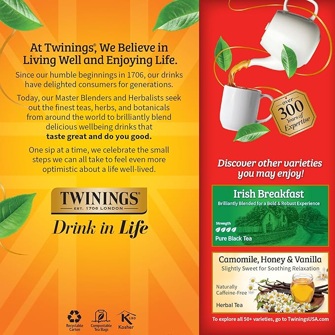 Twinings English Breakfast Black Tea Individually Wrapped Bags, 25 Count (Pack of 6), Flavourful, Robust Black Tea, Caffeinated, Enjoy Hot or Iced, 150 Teabags - Bloomnest