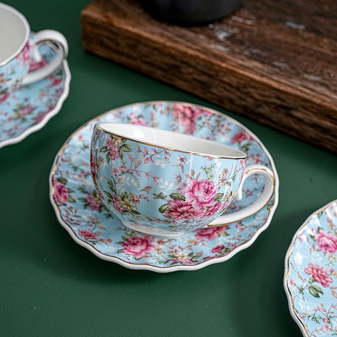 Tea Cup and Saucers, 6.4oz Floral Tea Cups with Gold Trim, Porcelain Teacup, Coffee Cappuccino Espresso Latte Mugs for Party Birthday,Party Cafe Home, Christmas Gift (Blue) - Bloomnest