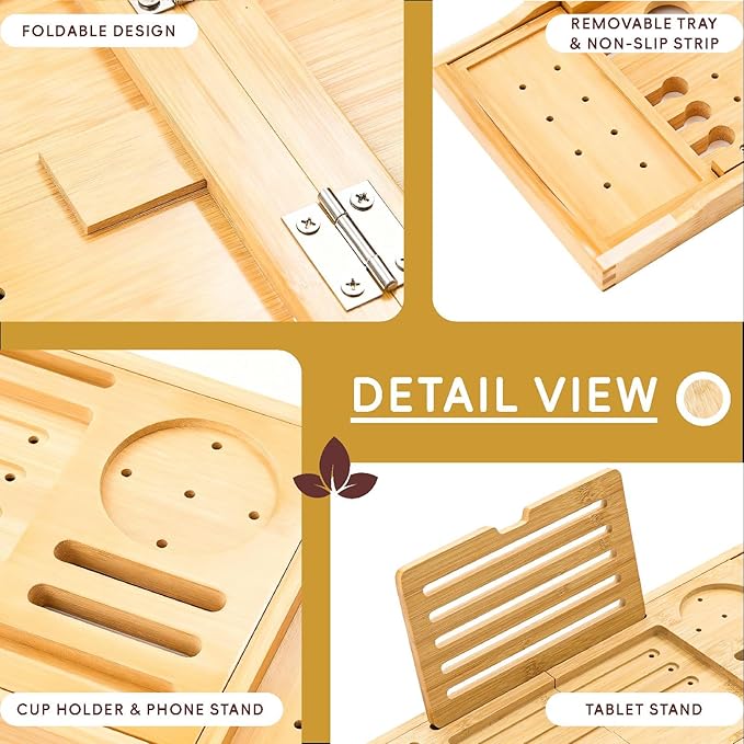 Premium Foldable Bamboo Bathtub Tray Caddy, Expandable Bath Caddy Tray with Holder, Natural Bath Shelf Over Tub, Spa Bathroom Accessories & Gifts for Home - Bloomnest
