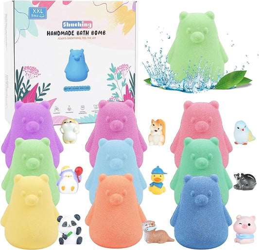 SHUCHING 9 PCS XXL Bear Bath Bombs with Surprise Inside, Natural and Organic Bubble Bath Fizzy Balls for Kids, Birthday Christmas Gifts Set for Boys Girls - Bloomnest
