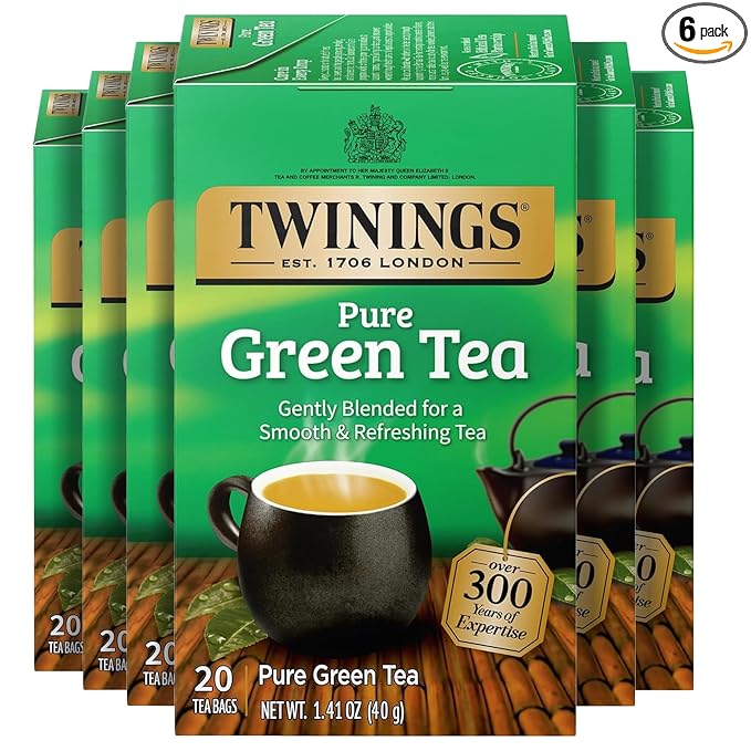 Twinings Pure Green Tea Individually Wrapped Bags, 20 Count (Pack of 6), Smooth Flavour, Enticing Aroma, Caffeinated, Enjoy Hot or Iced, 120 Teabags - Bloomnest