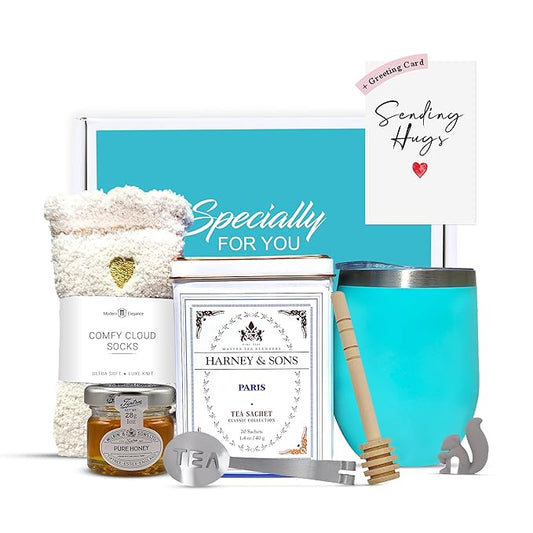 Tea Gift Set for Women – Thoughtful Get Well Gift Box with Cozy Socks, Stainless Tumbler, 20 Tea Sachets, Honey Jar & Sending Hugs Card (Paris Teaa -Heart Socks) - Bloomnest