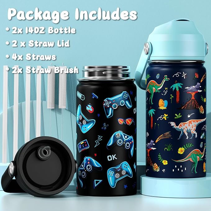 14oz Kids Insulated Water Bottle with Straw Lid - 18/8 Stainless Steel Kid Cup Travel Tumbler Double Wall Vacuum Leak Proof Portable Toddler Water Bottle (Game + Dinosaur) - Bloomnest