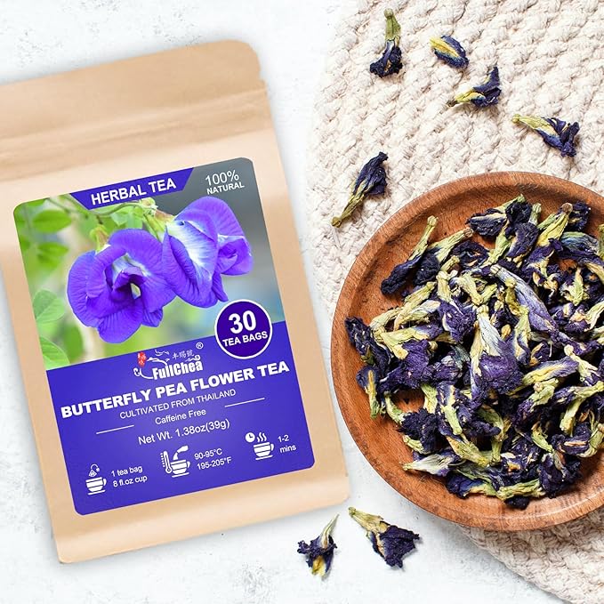 FullChea - Butterfly Pea Flower Tea Bags, 30 Teabags, 1.3g/bag - Premium Dried Butterfly Pea, Cultivated From Thailand - Non-GMO - Caffeine-free - Rich In Antioxidants & Support Eye Health - Bloomnest