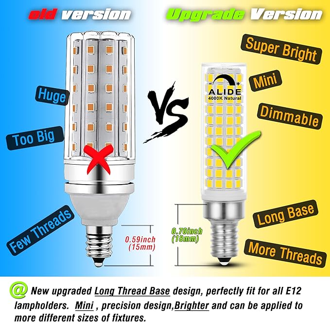 ALIDE E12 100W Dimmable Candelabra LED Light Bulbs Equivalent, Natural White 4000K,1000 Lumen C7 T6 Dimmable E12 10W LED Chandelier Bulbs for Ceiling Fan Pendant Salt Lamp,5 Pack - Bloomnest