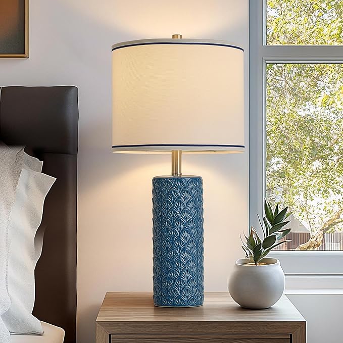 27" Farmhouse Bedside Table Lamp Set of 2, Bule Modern Ceramic Lamps for Living Room, 3 Color Temperature Rustic Table Lamps for Bedroom, Night Stands, Dorm,Office, Home Décor (Bulb Included) - Bloomnest