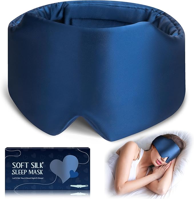 Silk Sleep Mask, Large Size Eye Mask Face Hugging Padded Sleep Blindfold Silk Eye Cover with Adjustable Band for Total Blackout for All Night Sleep (Navy Blue) - Bloomnest