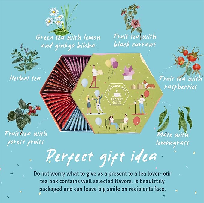 ACORUS | Birthday Gift Tea Set | Natural Tea Hamper Box Gift Set of 6 Flavors | Thoughtful Present for Birthday | Large Selection Box | Tea Gift Sets | 60 Herbal and Fruit Tea Bags Variety Pack - Bloomnest