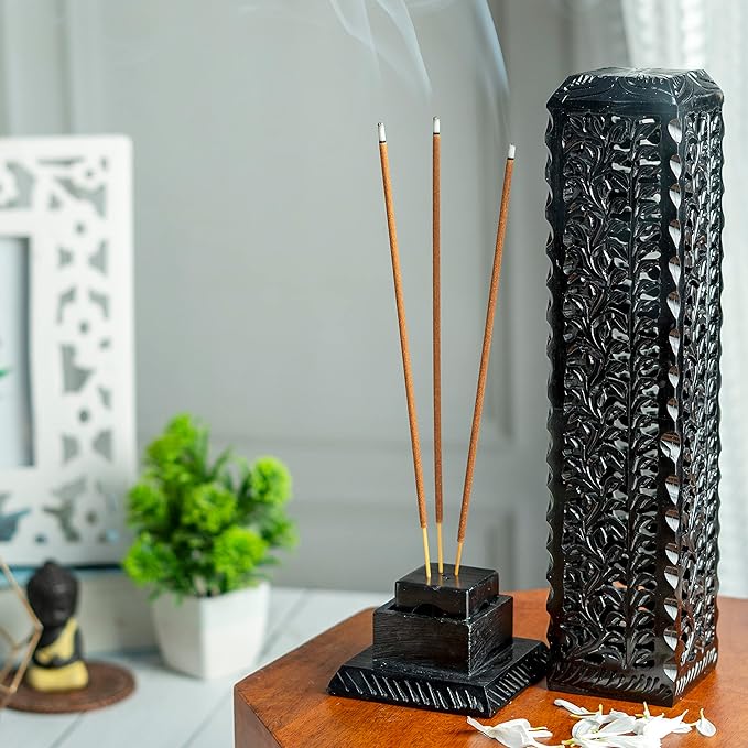 Crocon Handmade Black Marble Soapstone Incense Stick Burner Square Shape Leaf Design Tower Burner | Incense Cone & Candle Stick Holder | Decorative Home & Kitchen Best Gift Size LxWxH, 2.7x2.7x10 Inch