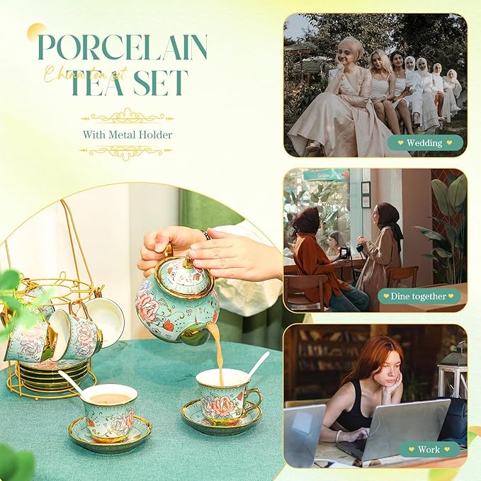 20 Pcs Porcelain Tea Set for Adults with Metal Holder and Spoon European Ceramic Tea Party Set Flower Painting Teapot Cup Saucer for Christmas Women Gifts, Serving 6 People(Modern) - Bloomnest