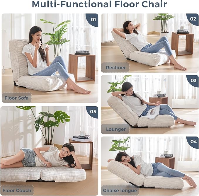 MAXYOYO Adjustable Floor Chair with Back Support, Gaming Floor Meditation Chair with Tufted Cushion, Adults Lounge Couch Folding Sofa Seat for Reading Meditating Sleeping, Beige - Bloomnest
