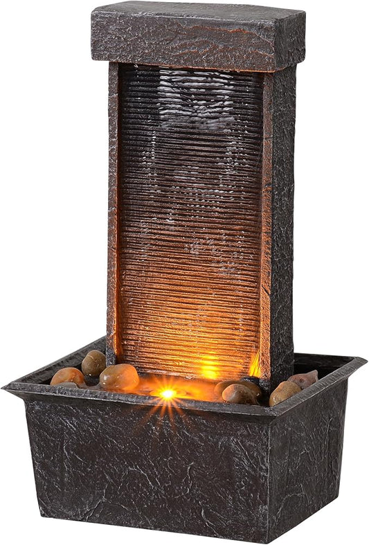 Straight Panel Tabletop Water Fountain LED-Lit – Indoor/Outdoor Decorative Waterfall Feature with Soothing Lights & Flowing Water for Home, Office, or Garden Décor - Bloomnest