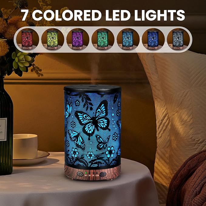 Essential Oil Diffuser 120ML Metal Aromatherapy Diffuser with Timer, Cool Mist Humidifier with Auto Shut-Off & 7 Color Lights for Home Office Spa (Big Butterfly) - Bloomnest