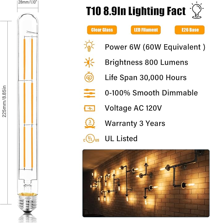 8.9IN LED Light Bulbs E26 Base, 6W 800LM 2700K Soft White T10 T9 Vintage Edison Bulbs Dimmable, AC 120V Equal 80 Watt Clear Glass Long Tubular Filament Bulb, UL Listed - 2Pack - Bloomnest