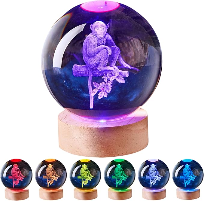 3D Large Monkey Crystal Ball Night Light with Wooden Base, Crystal Lamp Gift for Kids Wife Friends, 16 Color Changing with Remote Control, Laser Engraved 3.15 inch Glass Ball Lamp (Monkey) - Bloomnest