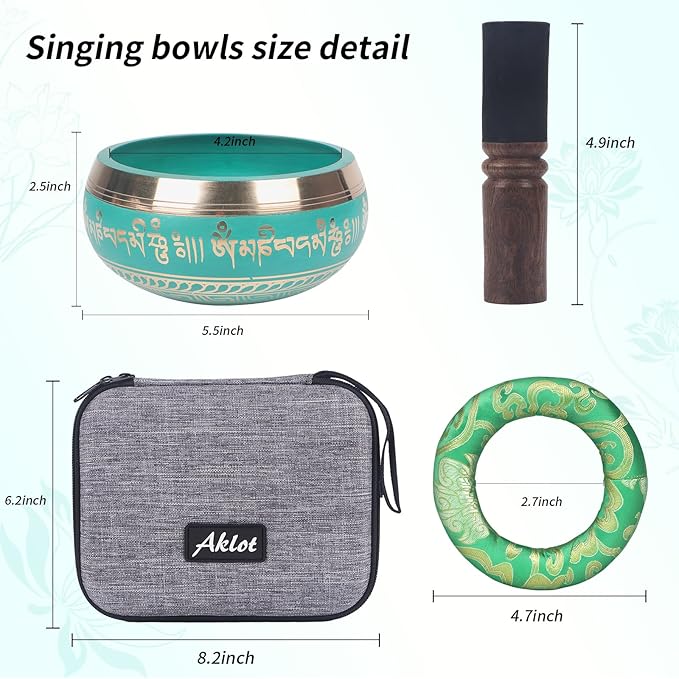 Kmise Tibetan Singing Bowls Set- Handmade in Nepal Meditation Sound Bowls for Yoga, Meditation, Mindfulness, Healing and Chakra Balancing, Stress Relief (5', Green) - Bloomnest