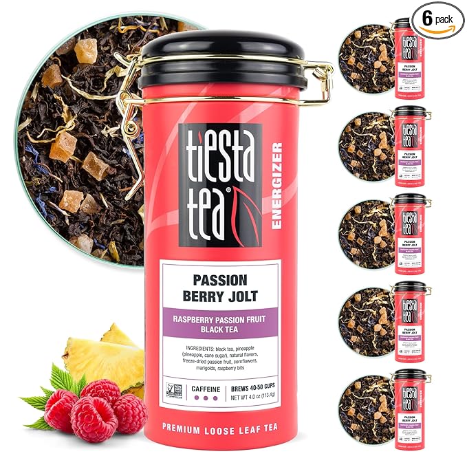 Tiesta Tea - Passion Berry Jolt, Loose Leaf, Raspberry Passion Fruit Black Tea, Premium Caffeinated Blend, Make Hot or Iced & Brews Up to 50 Cups, 4oz Refillable Tin (Pack of 6) - Bloomnest
