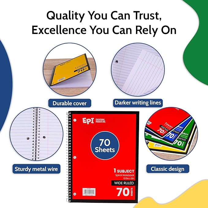 EPI Spiral Notebook | Wide - 70 Sheets, Durable Spiral Binding | 10.5 x 8 in | Classroom Supplies | School, Office, Note Taking, Journaling - 12 Pack - Bloomnest