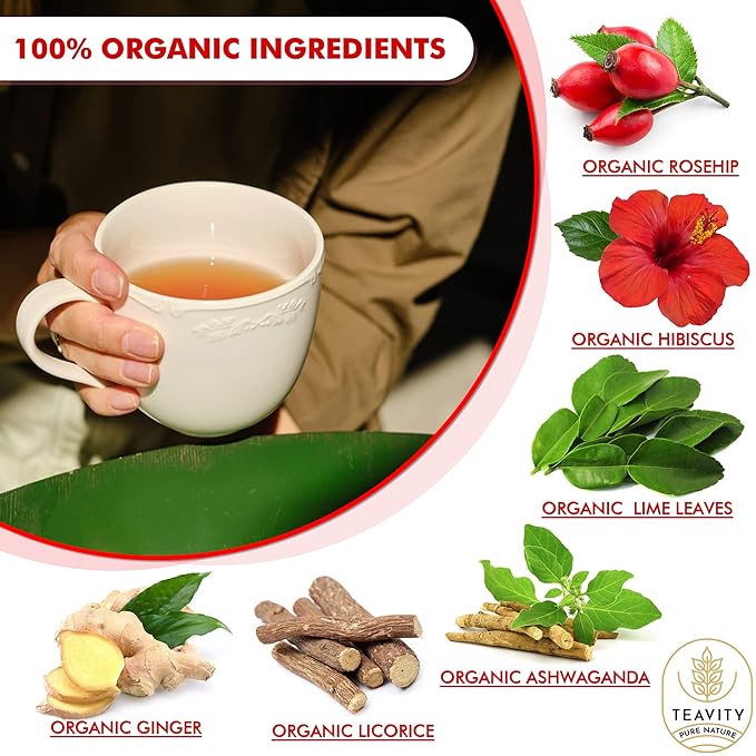Organic Ashwagandha Tea Pods for Keurig with Ginger, Licorice, Organic Hibiscus Sabdariffa, Rosehip, & Lime - Decaf Herbal Tea - Energizing Tea by Teavity (12 Tea Pods) - Bloomnest