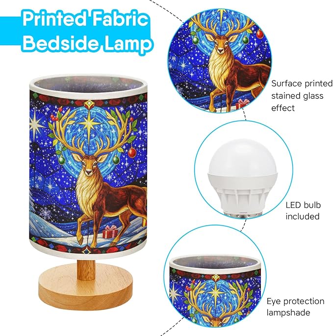 Reindeer Table Lamp LED 3-Color Pressed Bedside for Merry Christmas, Reindeer Shade Christmas Table Lamp with Wood Base for Bedroom Living Room Desk Office - Bloomnest