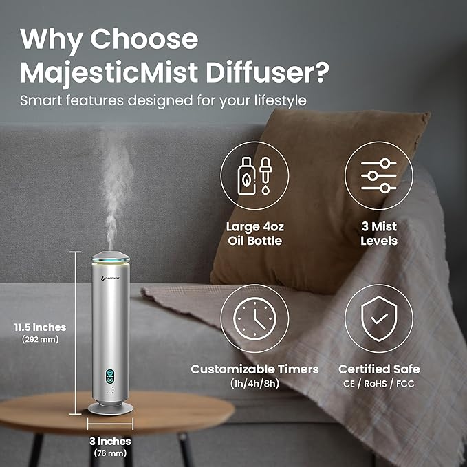 MajesticMist WiFi - Aluminum Waterless Essential Oil Diffuser with App Control, Scent Diffusers for Home, Room & Hotel, Quiet Aroma Diffuser 4oz, USB-C Powered with LED Display, 1000sq.ft - Bloomnest