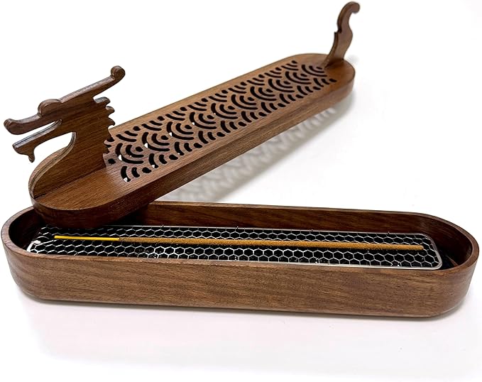Dragon Incense Sticks Holder Burner,Boat Incense Holder Box,Wooden Incense Holder for Sticks,Blood Incense Ash Catcher,Cool Meditation Room Decor(Dragon Box)