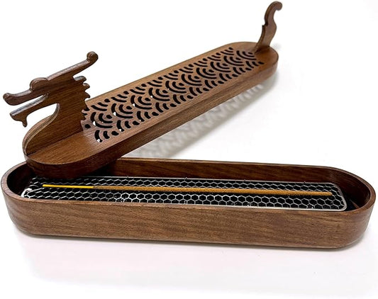 Dragon Incense Sticks Holder Burner,Boat Incense Holder Box,Wooden Incense Holder for Sticks,Blood Incense Ash Catcher,Cool Meditation Room Decor(Dragon Box)