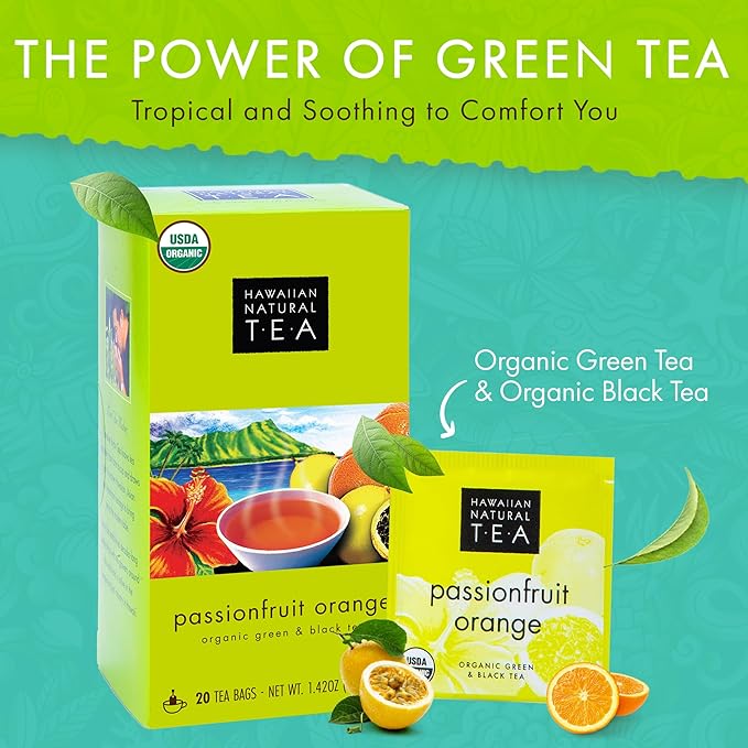 Hawaiian Natural Tea Passion Fruit Orange Flavored Organic Tea - Tropical Fruit Green Tea Blend with Black Tea - Perfect Daily Cup & Gift for Tea Lovers - 60 Tea Bags - Bloomnest