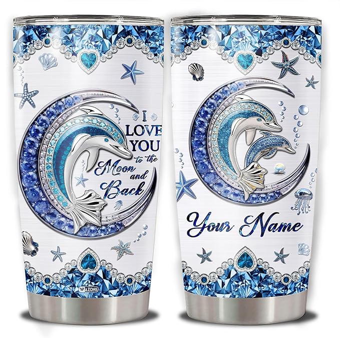 WAZONE Personalized Dolphin Tumbler With Lid Customized Name Jewelry Style Blue Moon Stainless Steel 20oz 30oz Insulated Tea Cup Gift Christmas Birthday for Daughter Women Sister Best Friend - Bloomnest