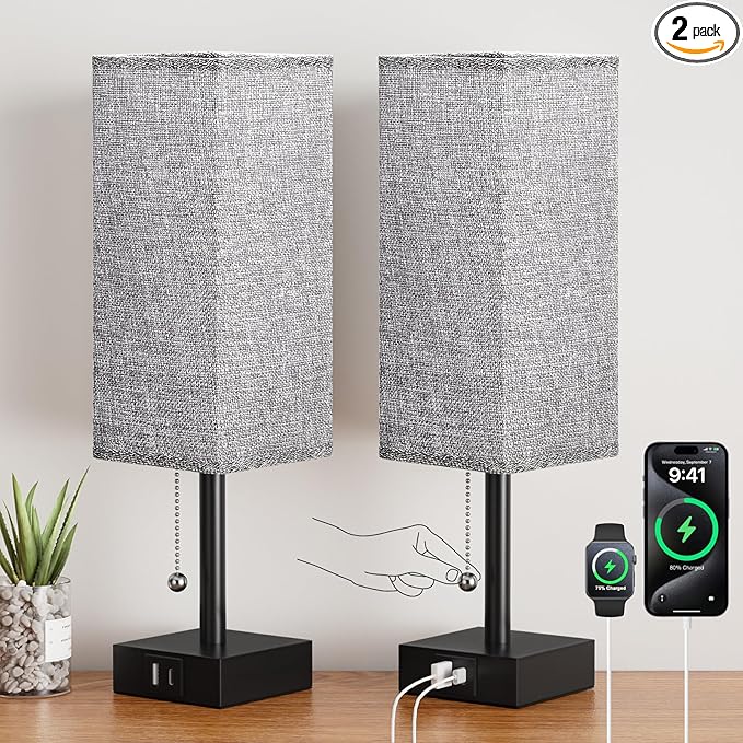 Bedside Table Lamps Set of 2 - Gray Bedroom Lamps with 3 Color Temperatures (3000K/5000K/4000K), Square Nightstand Light with USB C + A Charging Ports, Pull Chain Small Night Light - Bloomnest