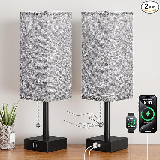 Bedside Table Lamps Set of 2 - Gray Bedroom Lamps with 3 Color Temperatures (3000K/5000K/4000K), Square Nightstand Light with USB C + A Charging Ports, Pull Chain Small Night Light - Bloomnest