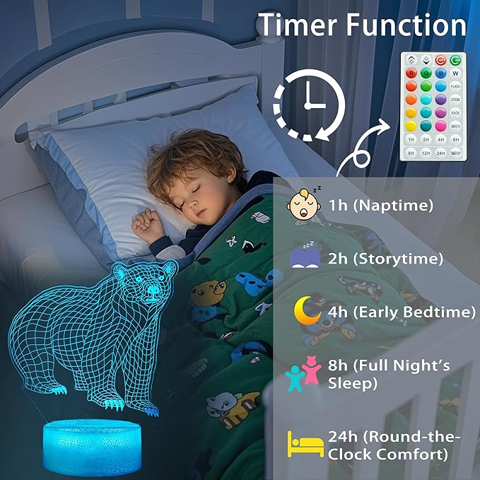 Polar Bear Night Light, 3D Illusion Lamp, RGB16 Colors Changing, Remote Control, Dimmable, Kids Room Decoration, Xmas Bear Gifts - Bloomnest