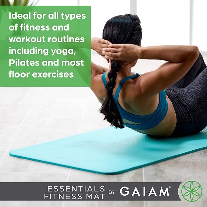 Gaiam Essentials Thick 2/5" (10mm) and Thin 1/4" (6mm) Yoga & Pilates, Fitness & Exercise Mat with Easy-Cinch Carrier Strap